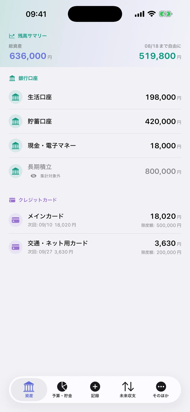 口座とカードの資産一覧
